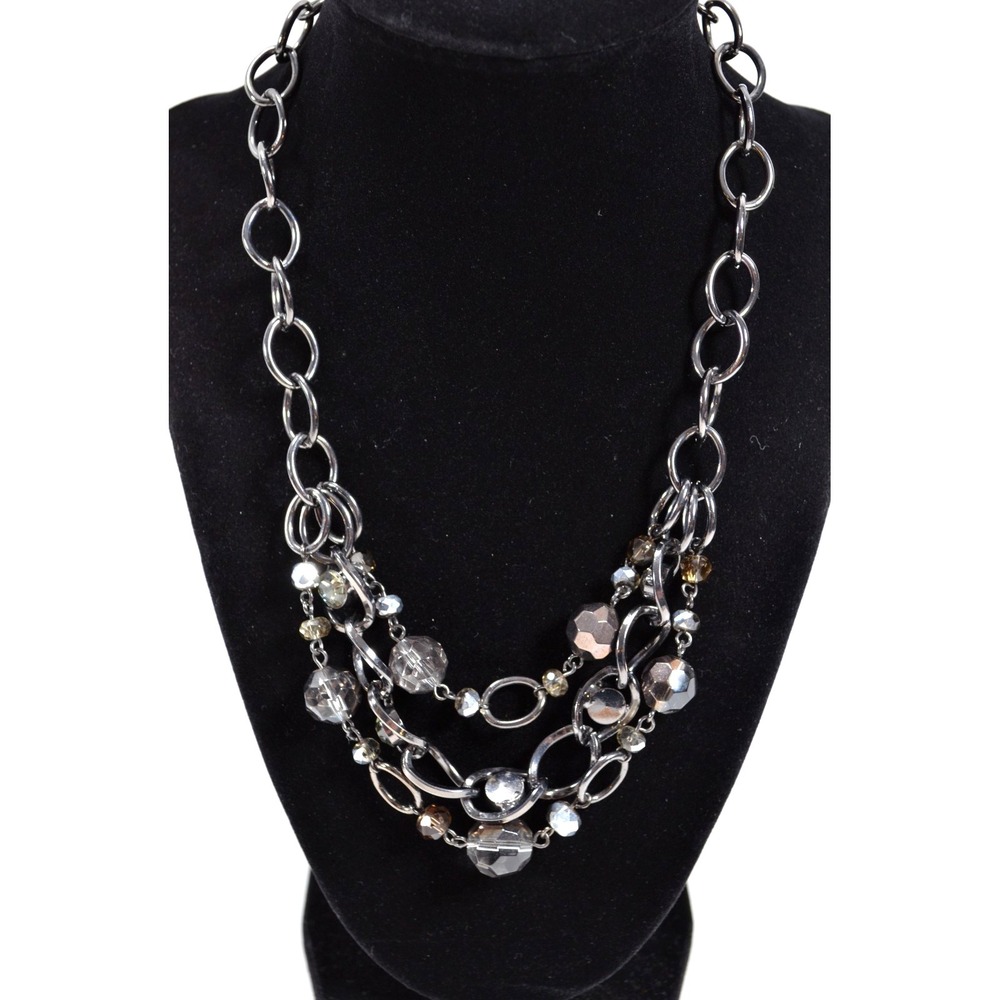 Gunmetal Tone Gray Glass Bead Layered Multi Strand Rhinestone Necklace 20"